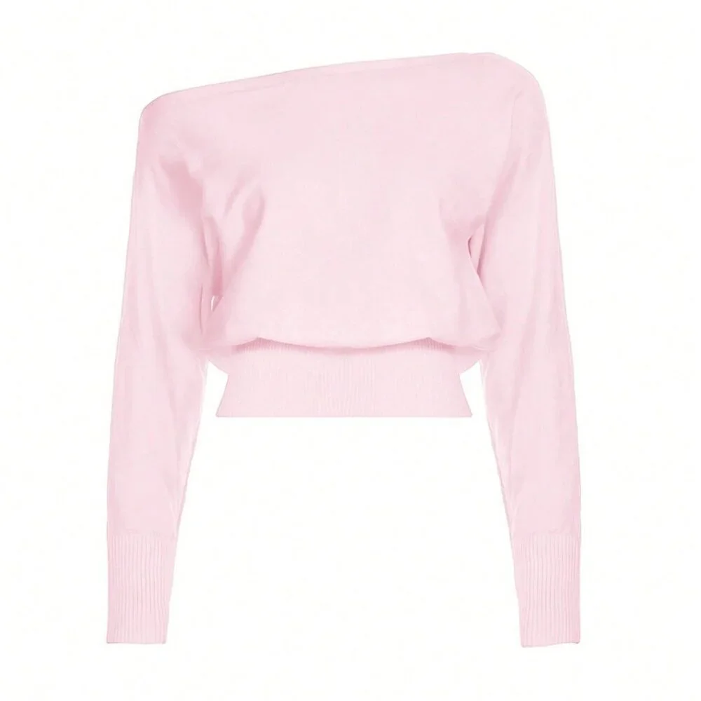 Pink Casual Women's Asymmetric Shoulder Sweater